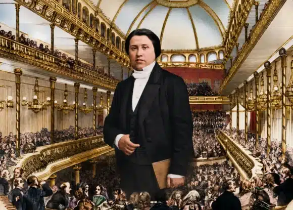 19e-eeuwse spreker Spurgeon in volle MUSIC HALL ROYAL SURREY GARDEN.
