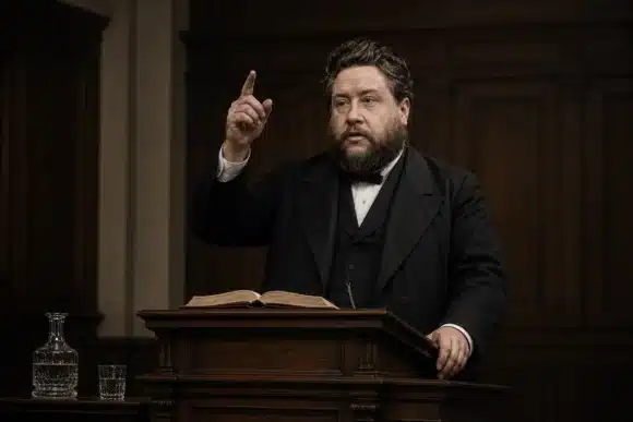 Spurgeon spreekt vanaf houten katheder in rechtszaal