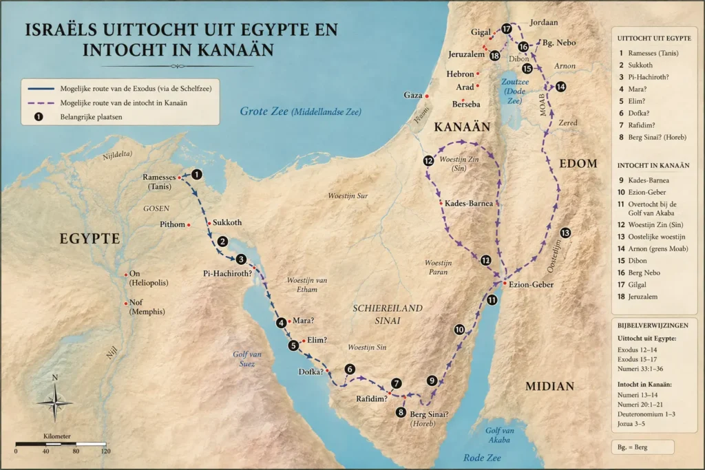Kaart van Israëls uittocht uit Egypte naar Kanaän