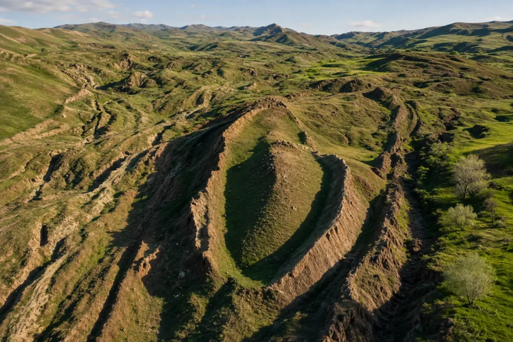 Groene heuvels met opvallende geologische plooien