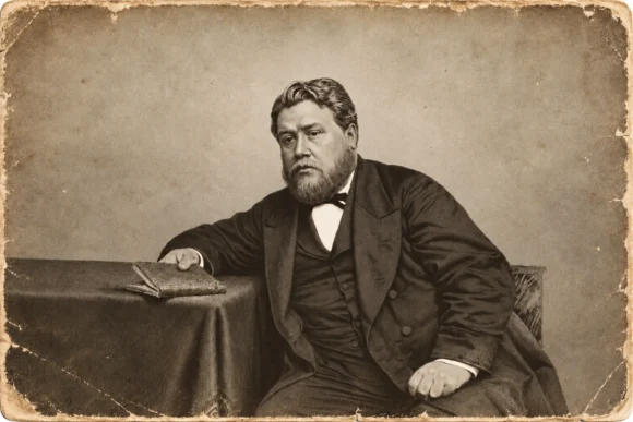 Antiek portret van Charles Spurgeon naast een tafel met boek.