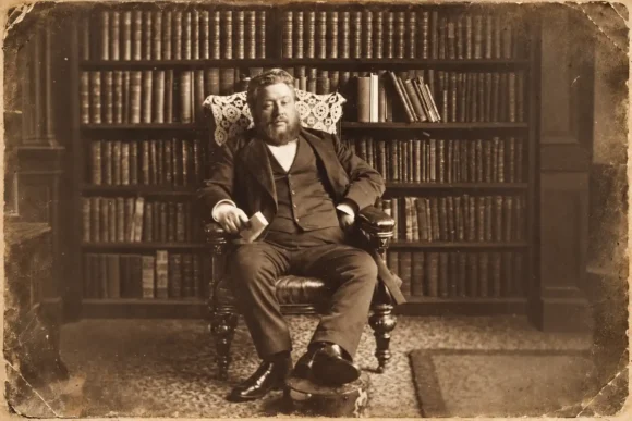 Spurgeon in stoel voor boekenkast