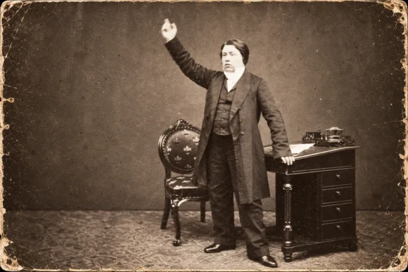 Antieke studiofoto van man met opgeheven arm