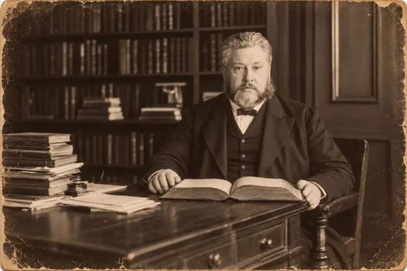 Historische man leest boek aan bureau in bibliotheek