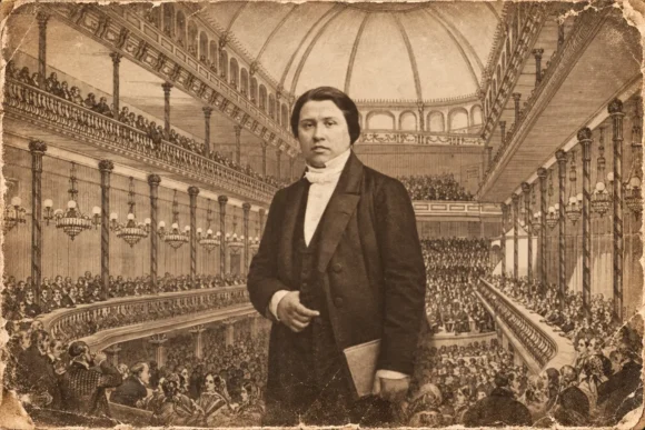 Historisch portret van man in volle concertzaal